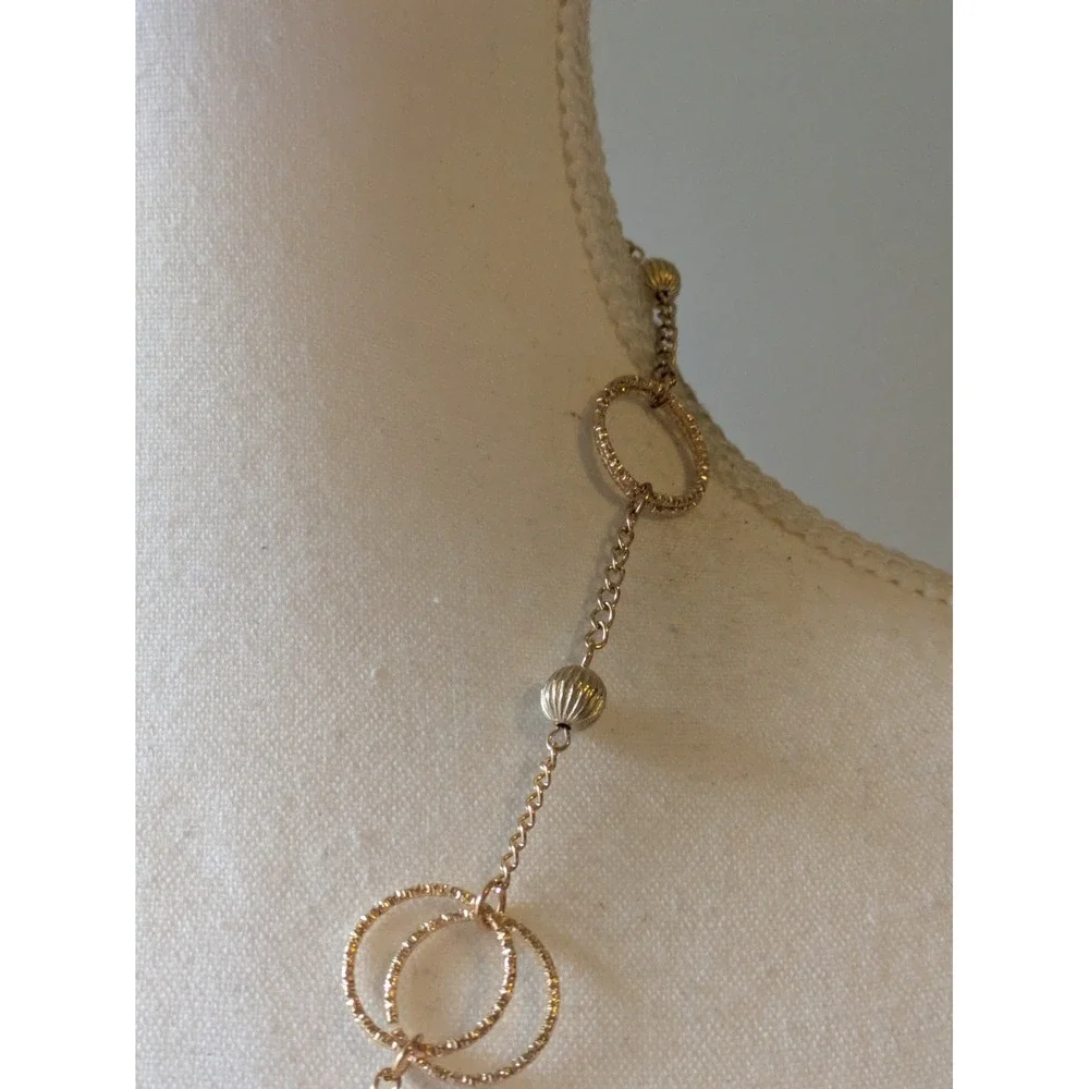 Gold Tone Tassel Necklace With Circular Stations Abstract Classic Elegant 18